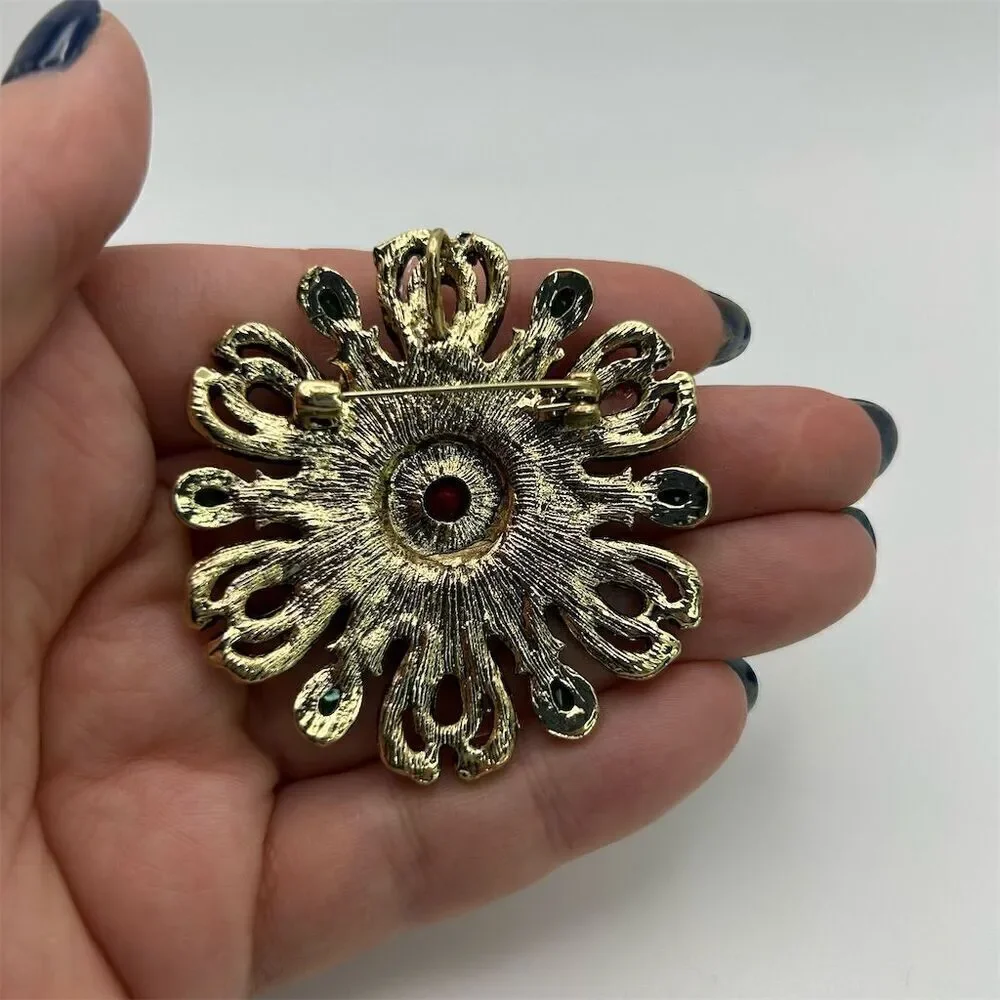 Baroque Flower Red, Green & Clear Rhinestones Round Brooch Sparkle Gold Tone